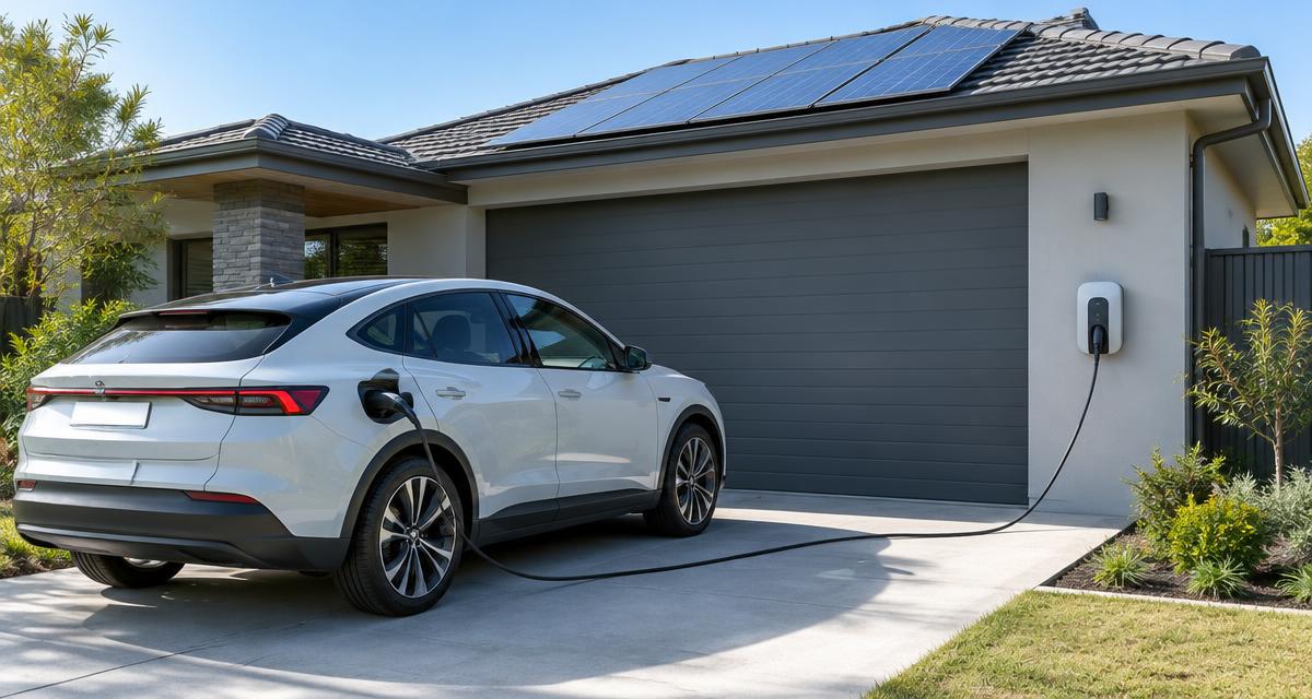 Illustration of an electric vehicle charging beside a home with rooftop solar panels