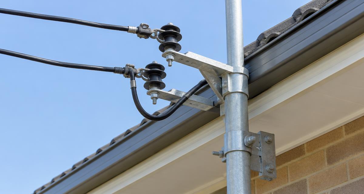 Illustration of overhead electrical wires supported by attachment fittings beside a house fascia