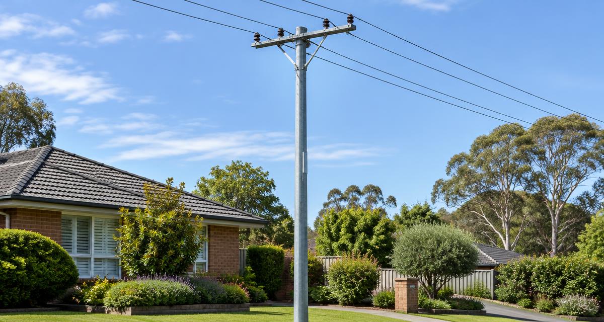 Illustration of a steel electricity pole carrying overhead lines beside an Australian home